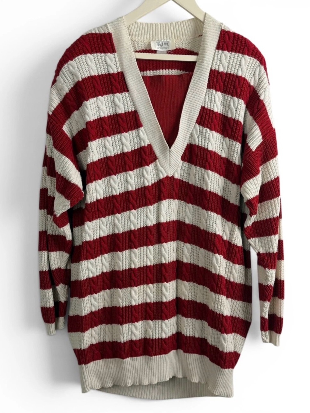 vintage 80s tjw by mervyns red white striped cable knit preppy v neck sweater xl - Picture 1 of 10